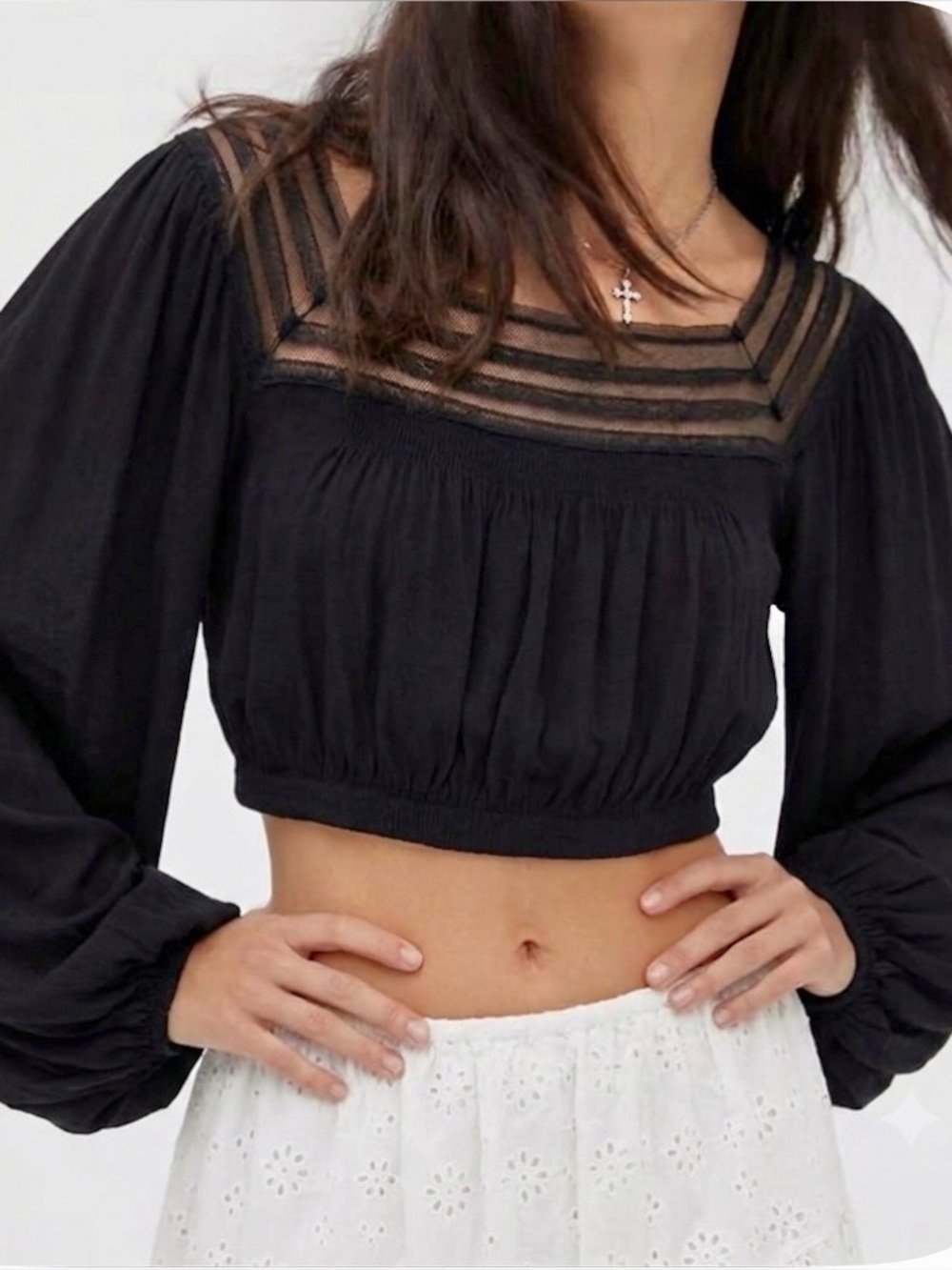 Kimchi Blue Urban Outfitters Black Mesh Lace Balloon Sleeve Crop Top S Gorpcore